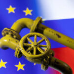 FILE PHOTO: Illustration shows Natural Gas Pipes and EU and Russian flags