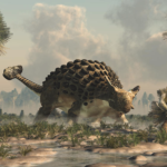 A Brown Ankylosaurus on the Plain with Green Plants