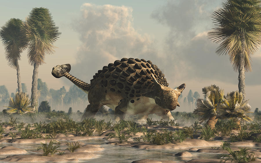 A Brown Ankylosaurus on the Plain with Green Plants